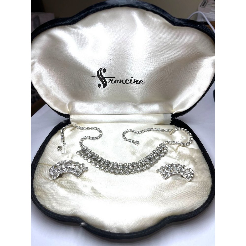 Vintage Rhinestone Set - Necklace and Earrings Gleaming Demi Parure From 30's
